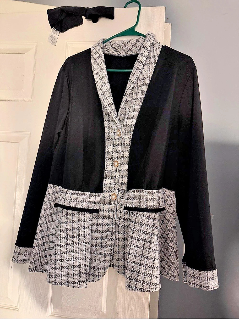 Black & White Tweed Peplum Blazer Pearl Button Jacket